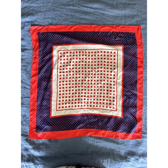 ECHO 26'' x 26'' Silk Square Scarf Polka Dots Red Blue Border Retro Vtg Holidays - Picture 1 of 4